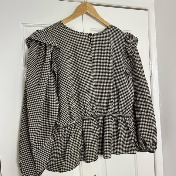 George top UK 16 black beige gingham check plaid frill blouse - Picture 6 of 9
